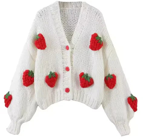 Women’s Strawberry Knit Cardigan – V-Neck Puff Sleeve TEENSHIRTS
